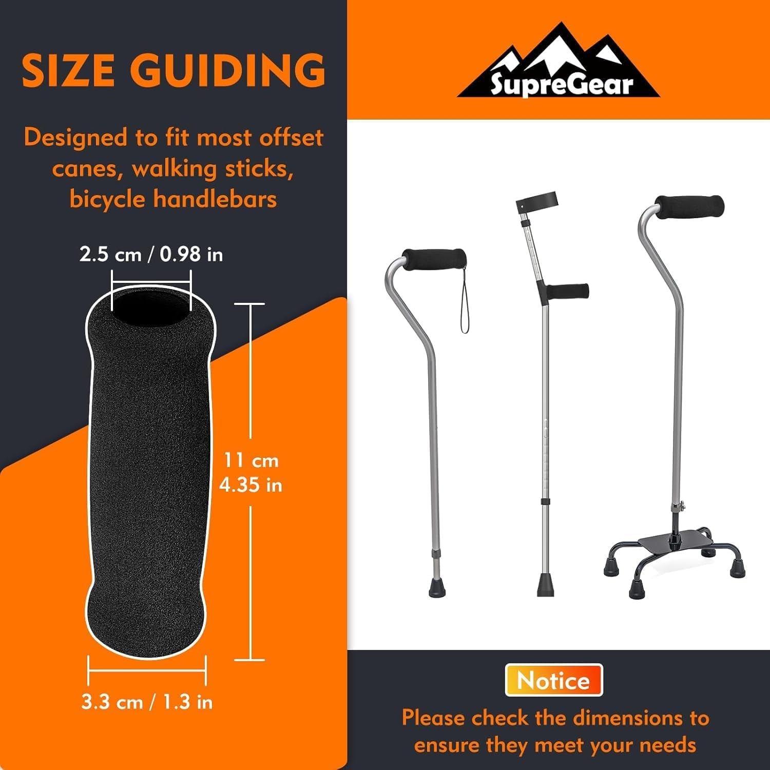 ‌ Cane Crips - 4-Pack Non-Slip Replacement Foam Handles for Walking/Offset Canes & Bicycle Handlebars, 4.5"X1"X1" (11.5X2.5X2.5 Cm), Soft & Durable Grip Covers
