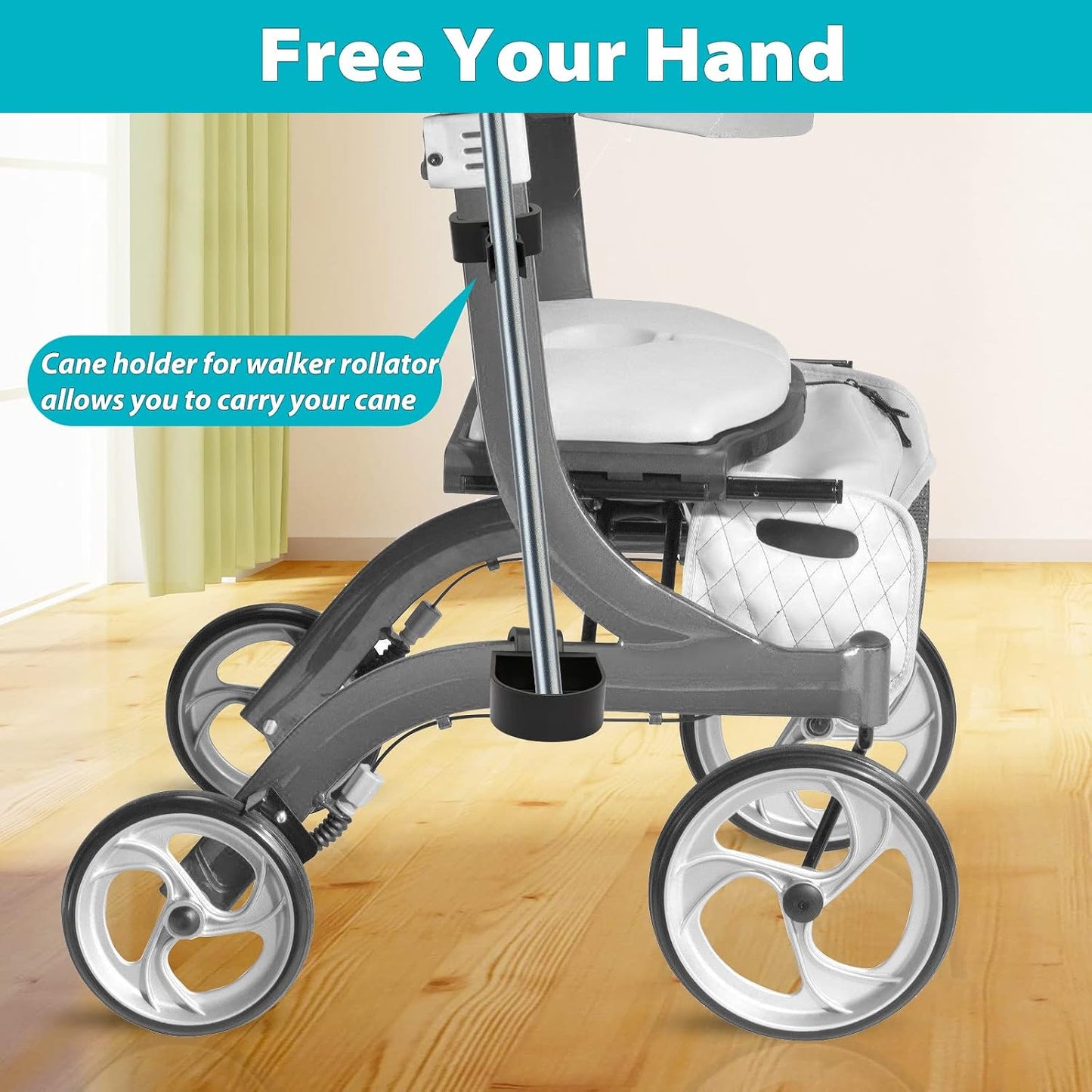 Cane Holder for Nitro Rollators with Flat Frame, Drive Walker Cane Holder, Adjustable Crutch Bracket for Wheelchairs, Rollators, Knee Scooters, Assistant Holder for Cane or Stick Users, Black