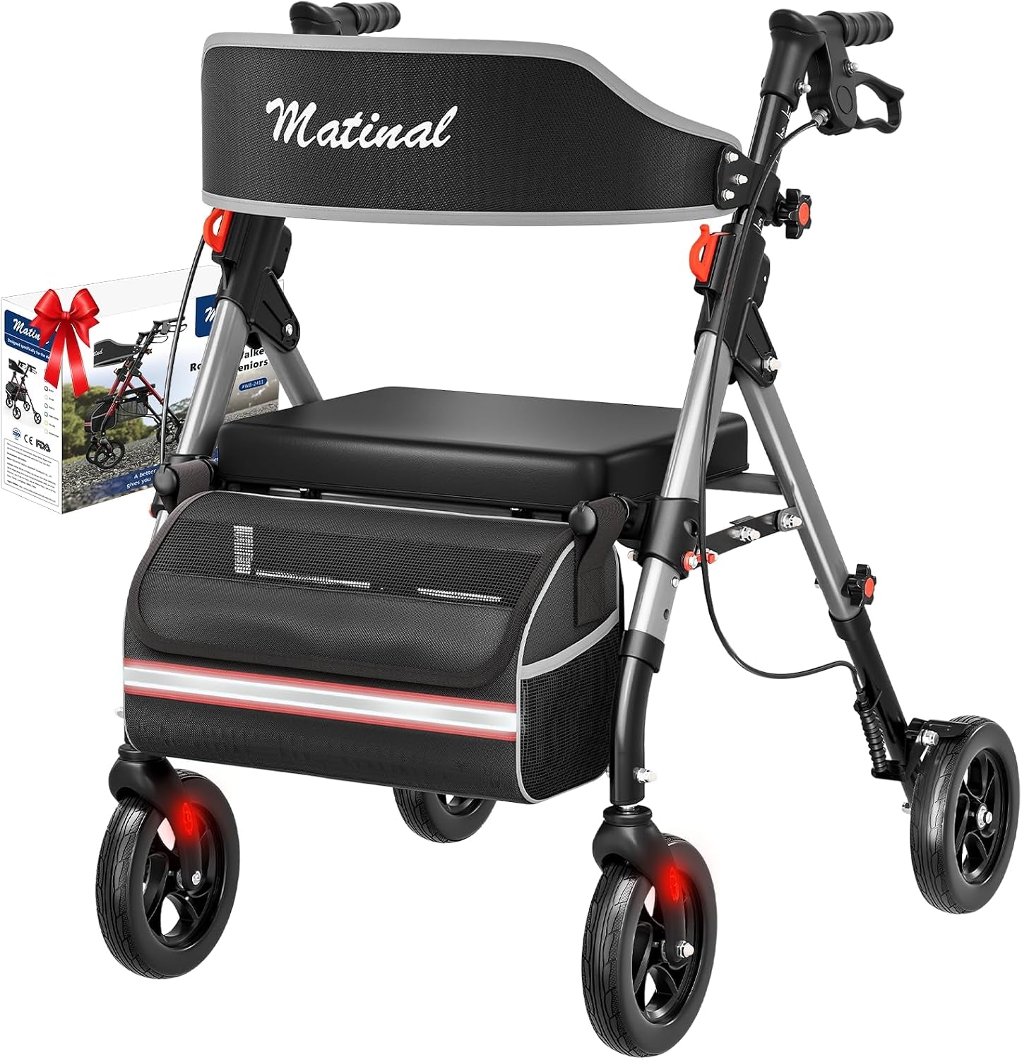 Walkers for Seniors, Rollator Walker with Seat, Walkers for Seniors with Seat, 350 Lb Capacity,With 8'' Big Wheels, Rolling Walker (Silver)