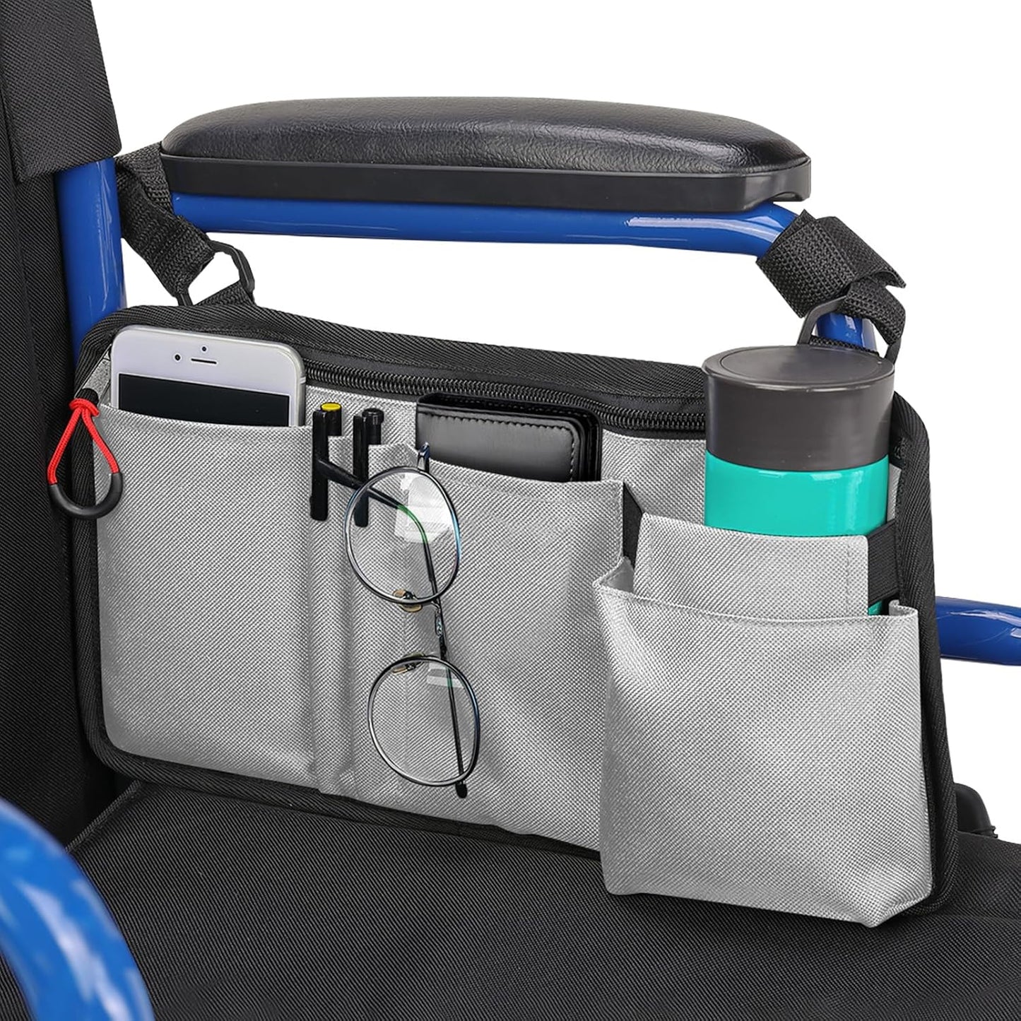 Walker Side Bag, Wheelchair Armrest Storage Pouch with Cup Holder, Wheelchair Accessories for Seniors, Walker Bag Cup Holder for Walker, Rollator, Electric Scooter or Wheelchair