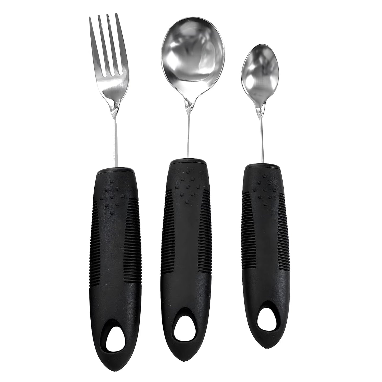 3 Pcs Adaptive Utensils Set, Bendable Anti-Shake Comfort Grip Eating Aids for Elderly, Stainless Steel Weighted Silverware with Black Rubber Plastic Handle, Include Fork, Spoon and Small Spoon