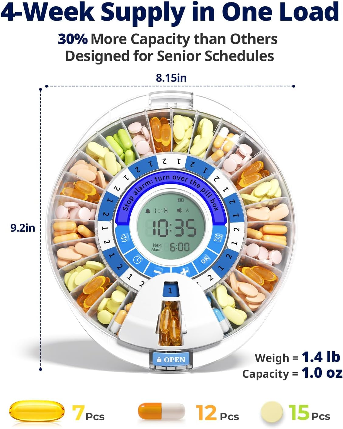 Automatic Pill Dispenser for Elderly - 28 Slots, Locking, Alarm & Light Reminder