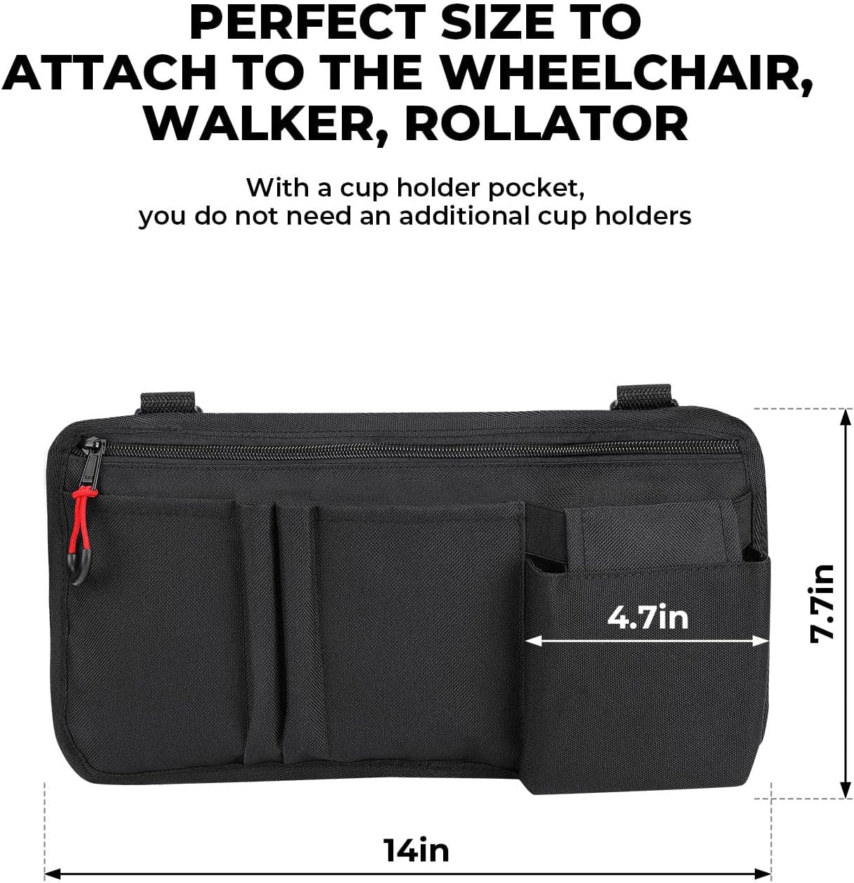 Walker Side Bag, Wheelchair Armrest Storage Pouch with Cup Holder, Wheelchair Accessories for Seniors, Walker Bag Cup Holder for Walker, Rollator, Electric Scooter or Wheelchair Black