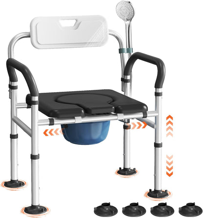 Heavy Duty Bedside Commode Chair with Adjustable Height and Width, Raised Toilet Seat with Arms Handles and Back Support for Elderly, Portable Bedside Toilet with Bucket (Width 20.4-22.44")