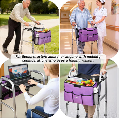 Upgrade Walker Basket with Tray, Detachable Walker Tray for Folding Walkers, Storage Bag with Cup & Cane Holder, Water-Resistant Walker Accessories for Seniors