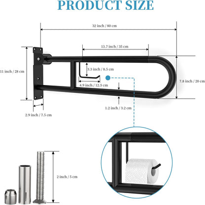 Toilet Grab Bar 32 Inch Black,  Anti-Slip Handicap Grab Bars with Paper Holder, Flip-Up Bathroom Safety Rails, Stainless Steel Knurled Support Handrails for Seniors Elderly Disabled Pregnant