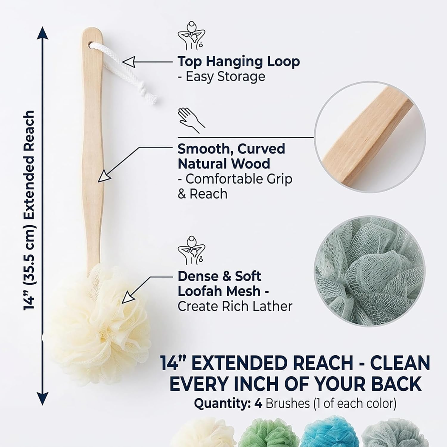 4 Pack Large Bath Puff Loofah Sponge with Long Handle Shower Loofah, Bath Body Back Brush, Spa Brush for Women and Men(4 Color)