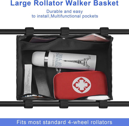 Under Seat Rollator Bag, Walker Bags for Rolling Walker with 4 Inner Pockets, Rollator Walker Basket Accessories for Seniors, Storage Ipad, Books, and Essentials