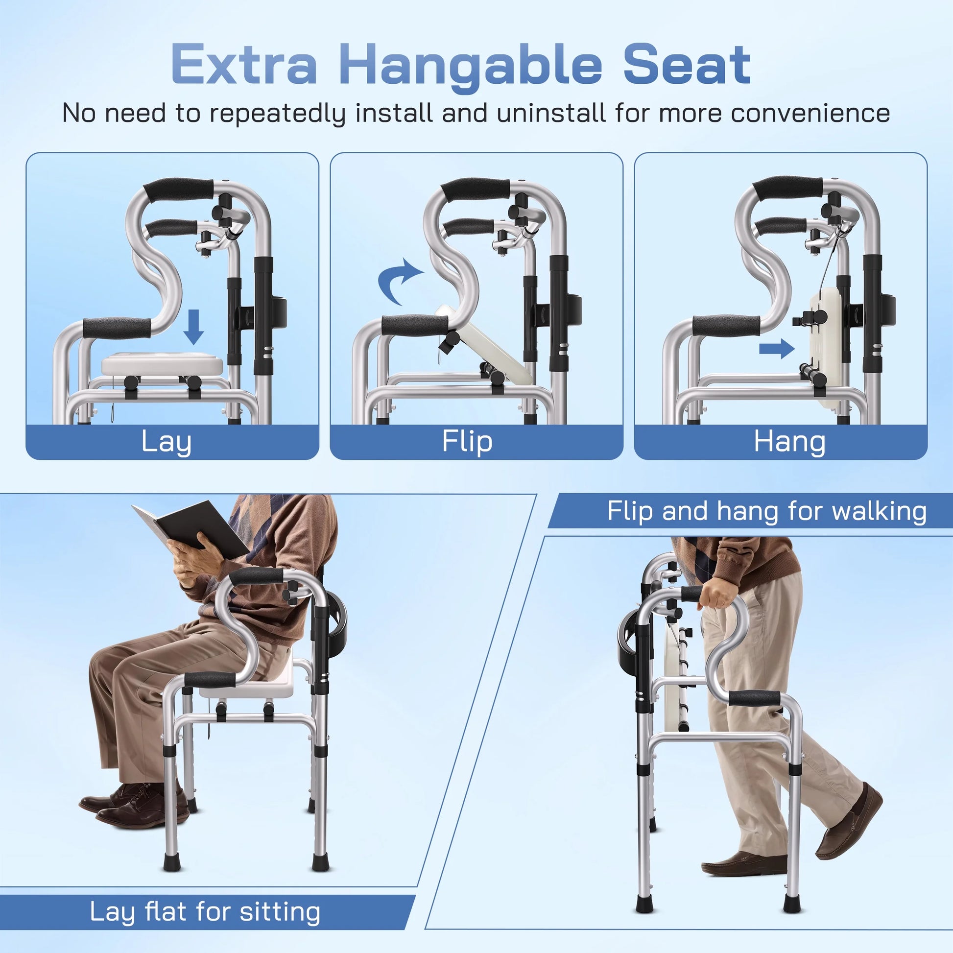 3-In-1 Folding Rolling Walker with 5" Wheels | Adjustable Height (29.1"-36.2") for Seniors & Adults | Lightweight Foldable Walker | Supports up to 400 Lbs