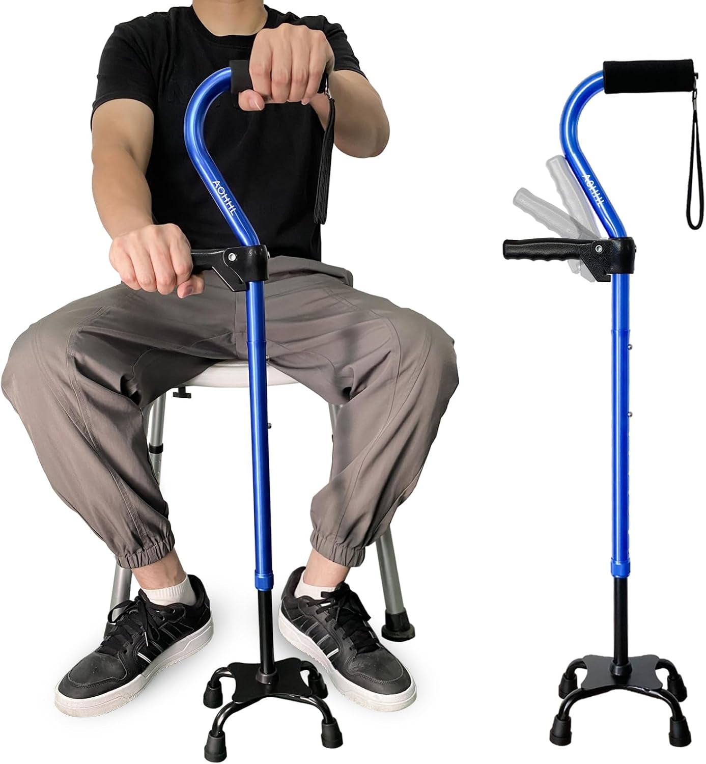 Quad Walking Cane Foldable Adjustable Portable Stick Men & Women and Seniors - Lightweight & Sturdy with 4-Pronged Base for Extra Stability Balance,Self Standing Gifts for Mom Dad