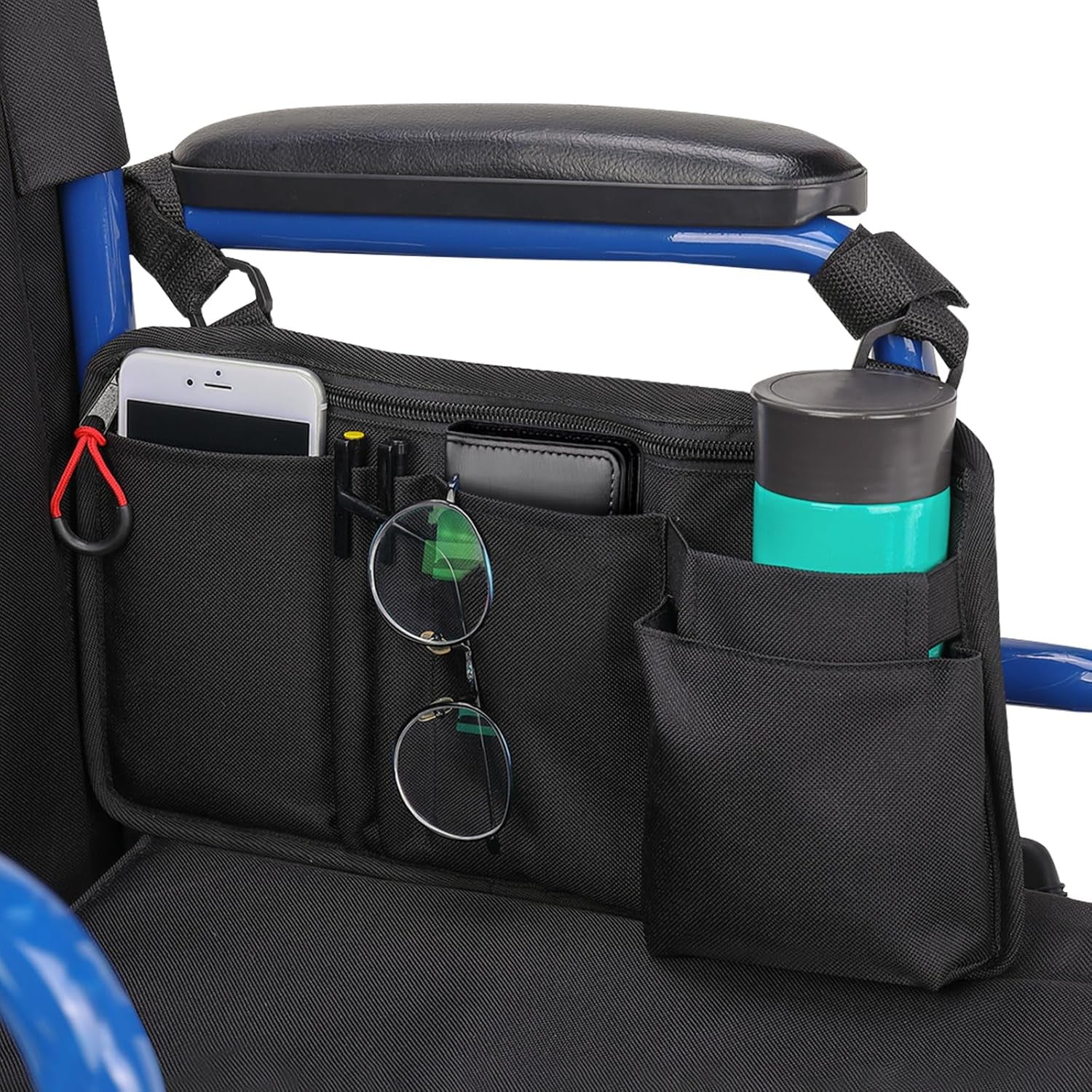 Walker Side Bag, Wheelchair Armrest Storage Pouch with Cup Holder, Wheelchair Accessories for Seniors, Walker Bag Cup Holder for Walker, Rollator, Electric Scooter or Wheelchair Black