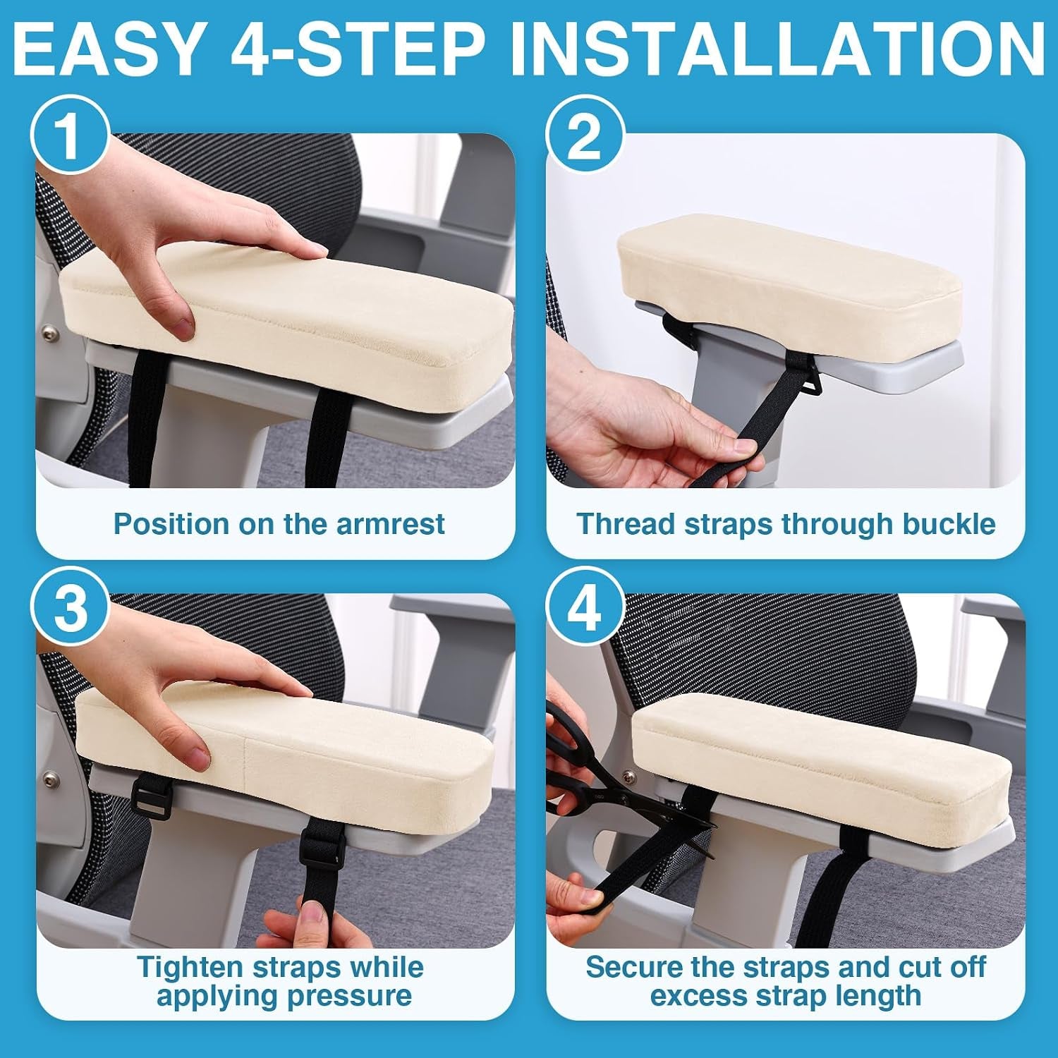 Ergonomic Office Chair Armrest Pads, Memory Foam Arm Rest Covers, Non-Slip Armrest Cushion with Adjustable Buckles and Straps, Elbow Relief for Desk, Gaming & Wheelchair (Cream, Set of 2)