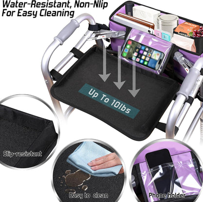 Upgrade Walker Basket with Tray, Detachable Walker Tray for Folding Walkers, Storage Bag with Cup & Cane Holder, Water-Resistant Walker Accessories for Seniors