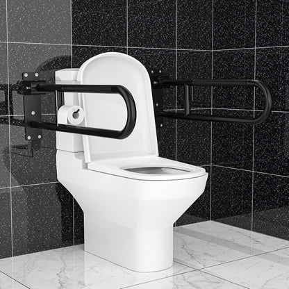 Toilet Grab Bar 32 Inch Black,  Anti-Slip Handicap Grab Bars with Paper Holder, Flip-Up Bathroom Safety Rails, Stainless Steel Knurled Support Handrails for Seniors Elderly Disabled Pregnant