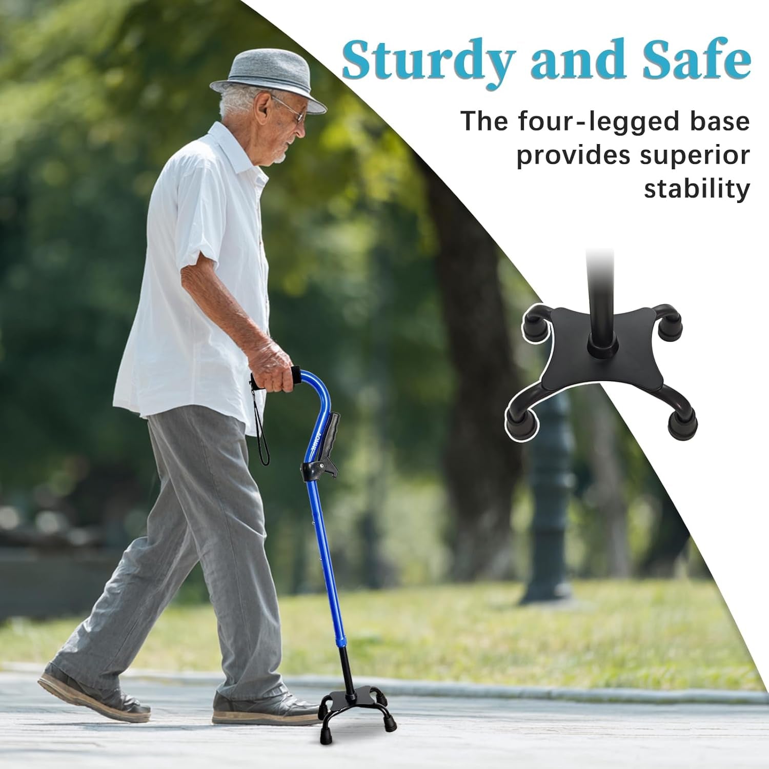 Quad Walking Cane Foldable Adjustable Portable Stick Men & Women and Seniors - Lightweight & Sturdy with 4-Pronged Base for Extra Stability Balance,Self Standing Gifts for Mom Dad