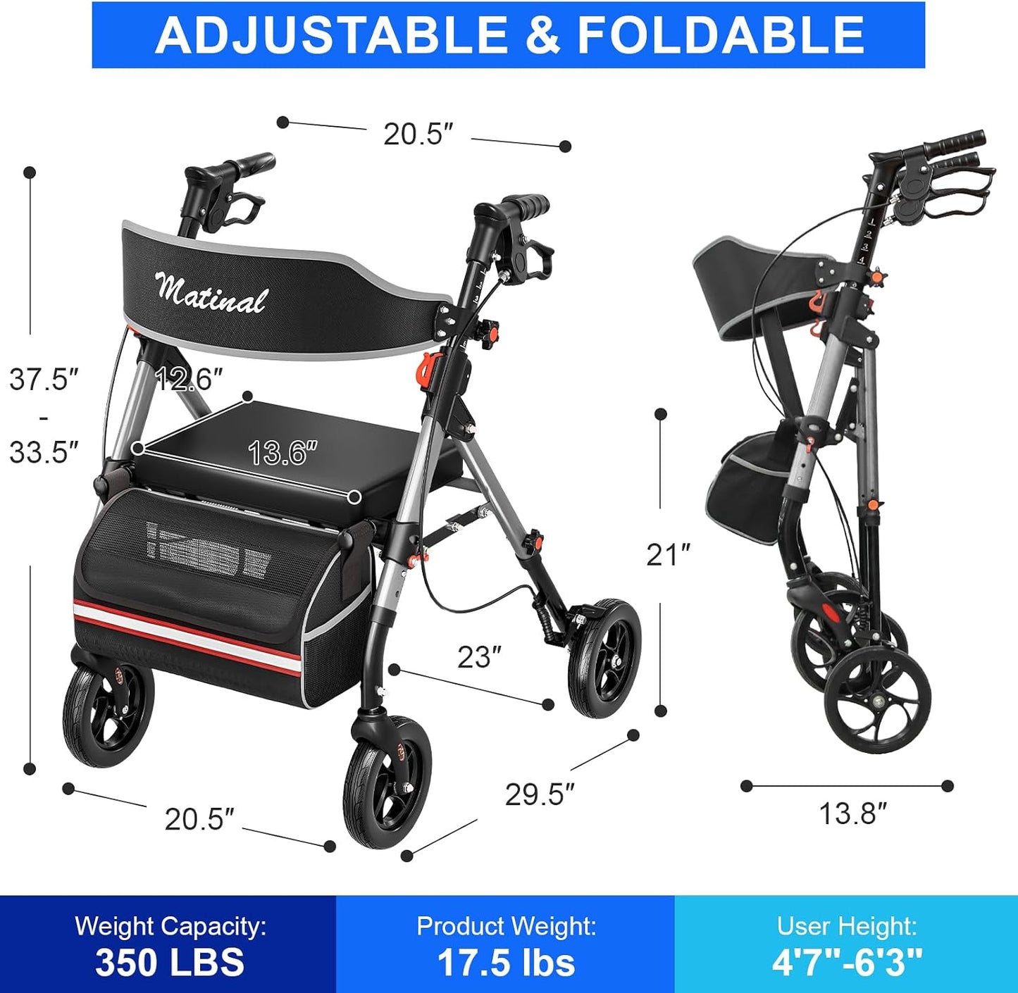 Walkers for Seniors, Rollator Walker with Seat, Walkers for Seniors with Seat, 350 Lb Capacity,With 8'' Big Wheels, Rolling Walker (Silver)