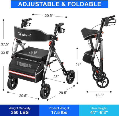 Walkers for Seniors, Rollator Walker with Seat, Walkers for Seniors with Seat, 350 Lb Capacity,With 8'' Big Wheels, Rolling Walker (Silver)