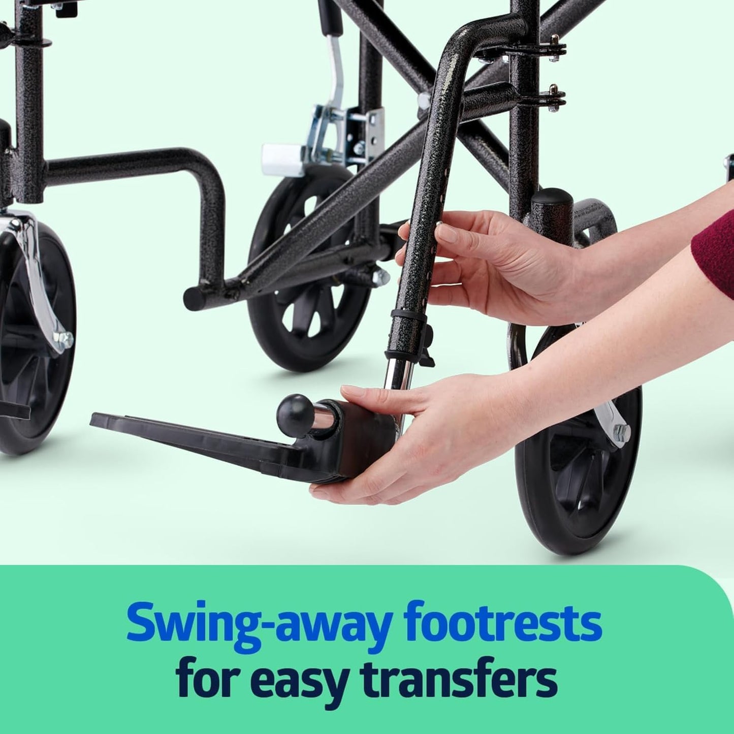 Dr Dunley Folding Transport Wheelchair with Swing-Away Footrests,19" Wide Padded Seat, Full-Length Armrests