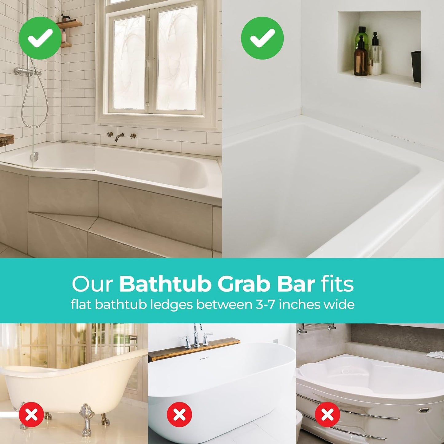 Adjustable Bathtub Grab Bar, Safety Bath & Shower Grab Bars for Elderly Seniors, Handicap Grab Bars (300Lb Weight Limit), Bathroom Grab Bars for Seniors with Adjustable Handles
