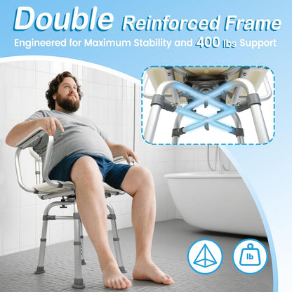 360° Swivel Shower Chair for inside Tub, Shower Chair for Elderly and Disabled, 300Lbs Heavy Duty Shower Seat with Adjustable Arms and Back, Bath Stool for Adults Senior Fits Bathroom Bathtub