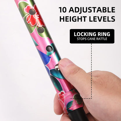 Floral Quad Cane for Women, Adjustable Walking Canes with 3-In-1 Interchangeable Base(3 Tips) for Versatile Support, Stylish & Stable Mobility Aid for Seniors Confidence