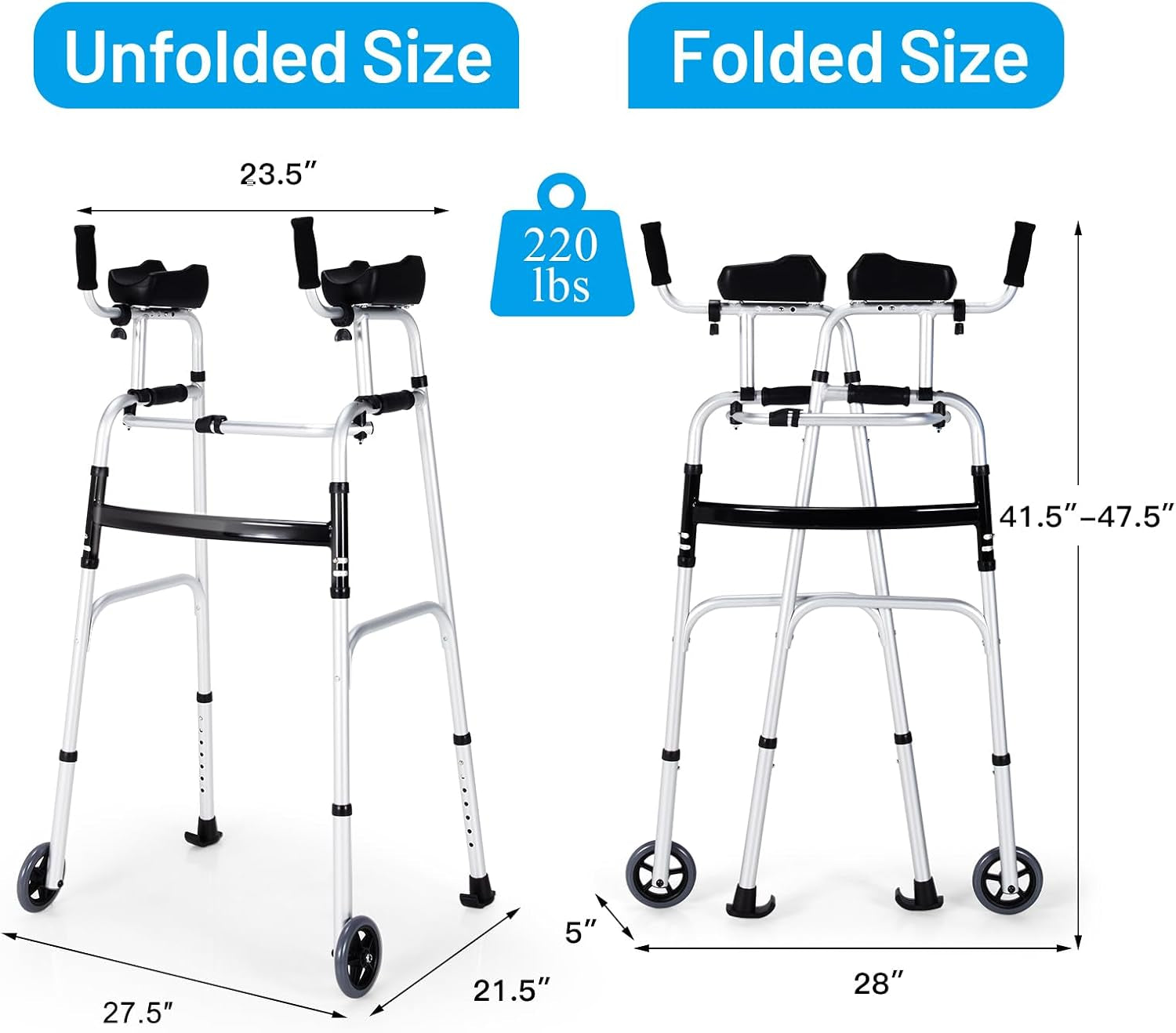 Walkers for Seniors, Foldable Standard Walker with 5’’ Wheels and Removable Padded Armrests 220Lbs, Lightweight Walking Mobility Aid, Folding Platform Walker for Elderly, Handicap, Disabled
