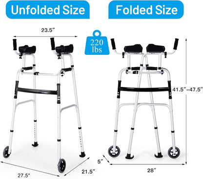 Walkers for Seniors, Foldable Standard Walker with 5’’ Wheels and Removable Padded Armrests 220Lbs, Lightweight Walking Mobility Aid, Folding Platform Walker for Elderly, Handicap, Disabled