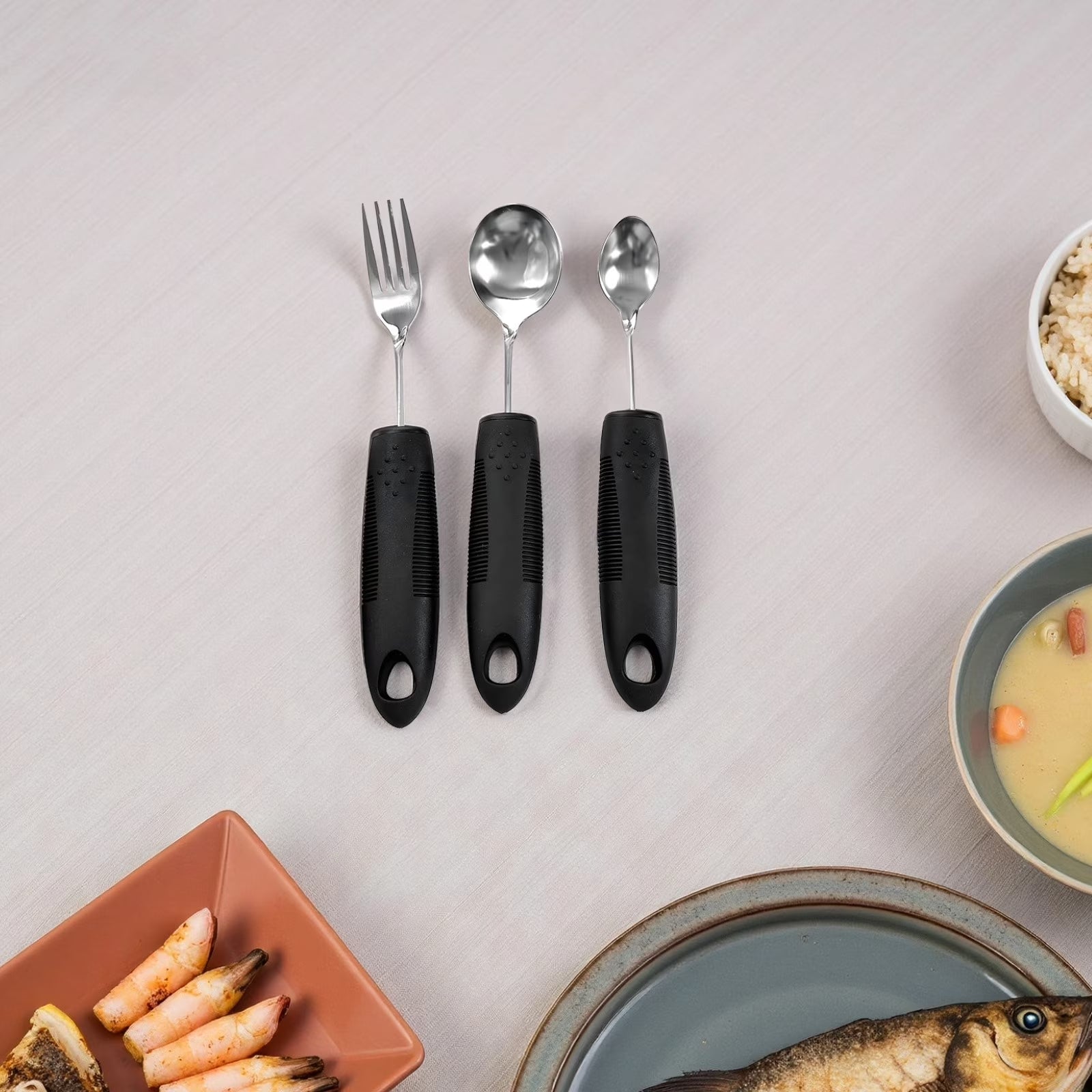 3 Pcs Adaptive Utensils Set, Bendable Anti-Shake Comfort Grip Eating Aids for Elderly, Stainless Steel Weighted Silverware with Black Rubber Plastic Handle, Include Fork, Spoon and Small Spoon