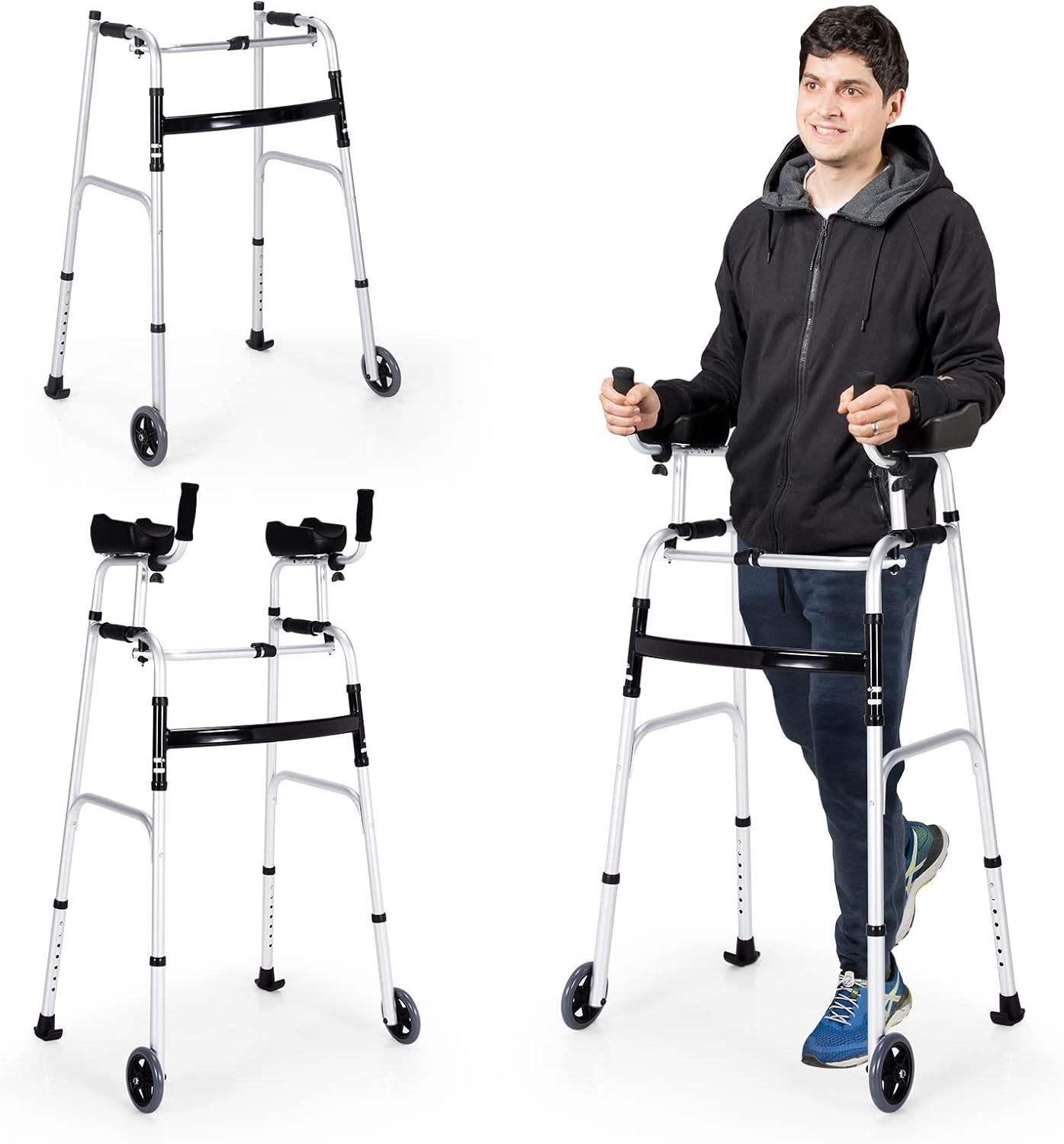 Walkers for Seniors, Foldable Standard Walker with 5’’ Wheels and Removable Padded Armrests 220Lbs, Lightweight Walking Mobility Aid, Folding Platform Walker for Elderly, Handicap, Disabled