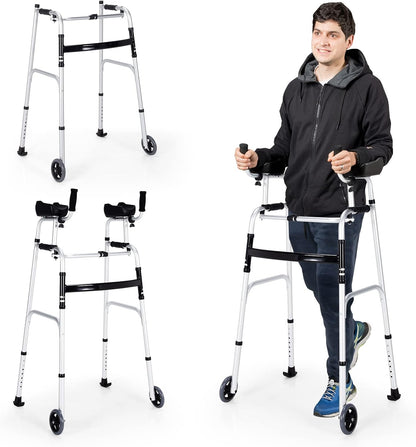 Walkers for Seniors, Foldable Standard Walker with 5’’ Wheels and Removable Padded Armrests 220Lbs, Lightweight Walking Mobility Aid, Folding Platform Walker for Elderly, Handicap, Disabled