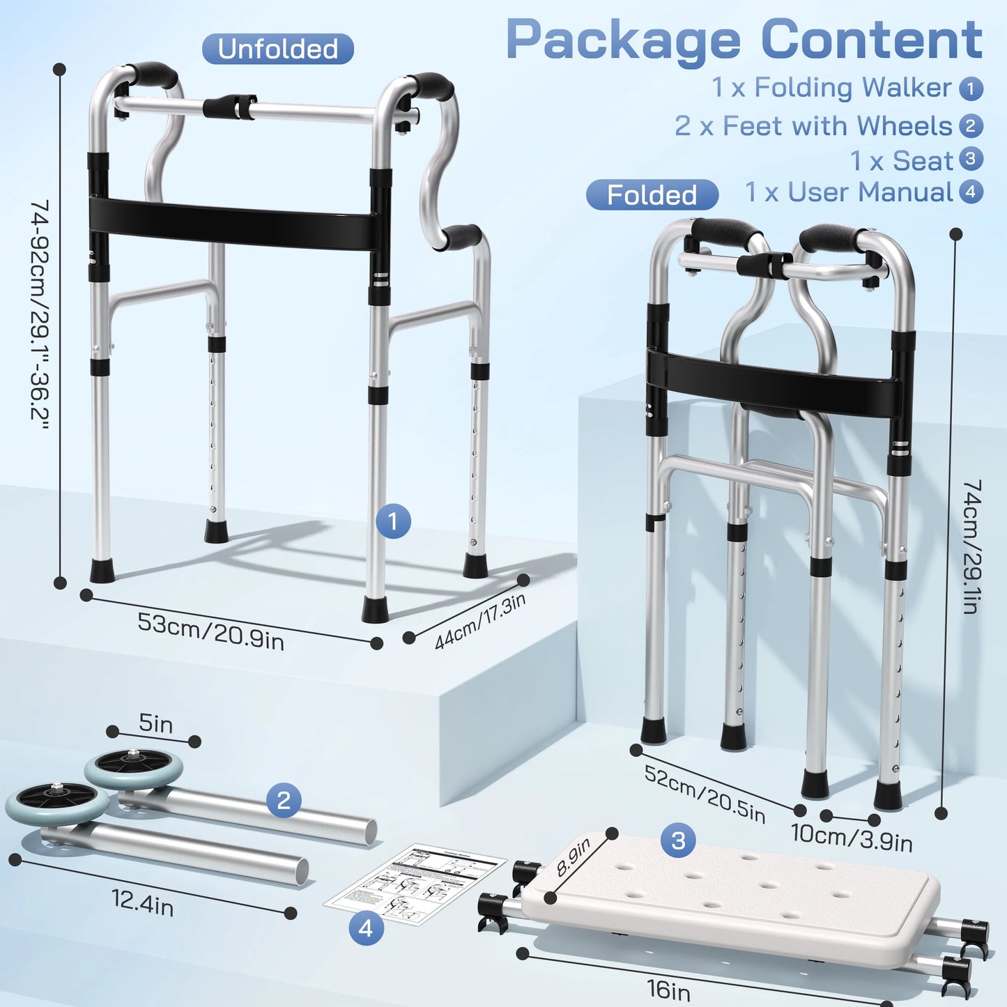 3-In-1 Folding Rolling Walker with 5" Wheels | Adjustable Height (29.1"-36.2") for Seniors & Adults | Lightweight Foldable Walker | Supports up to 400 Lbs