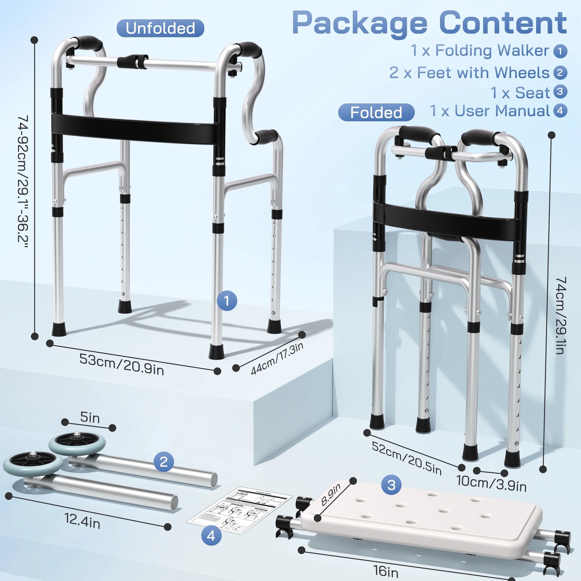 3-In-1 Folding Rolling Walker with 5" Wheels | Adjustable Height (29.1"-36.2") for Seniors & Adults | Lightweight Foldable Walker | Supports up to 400 Lbs