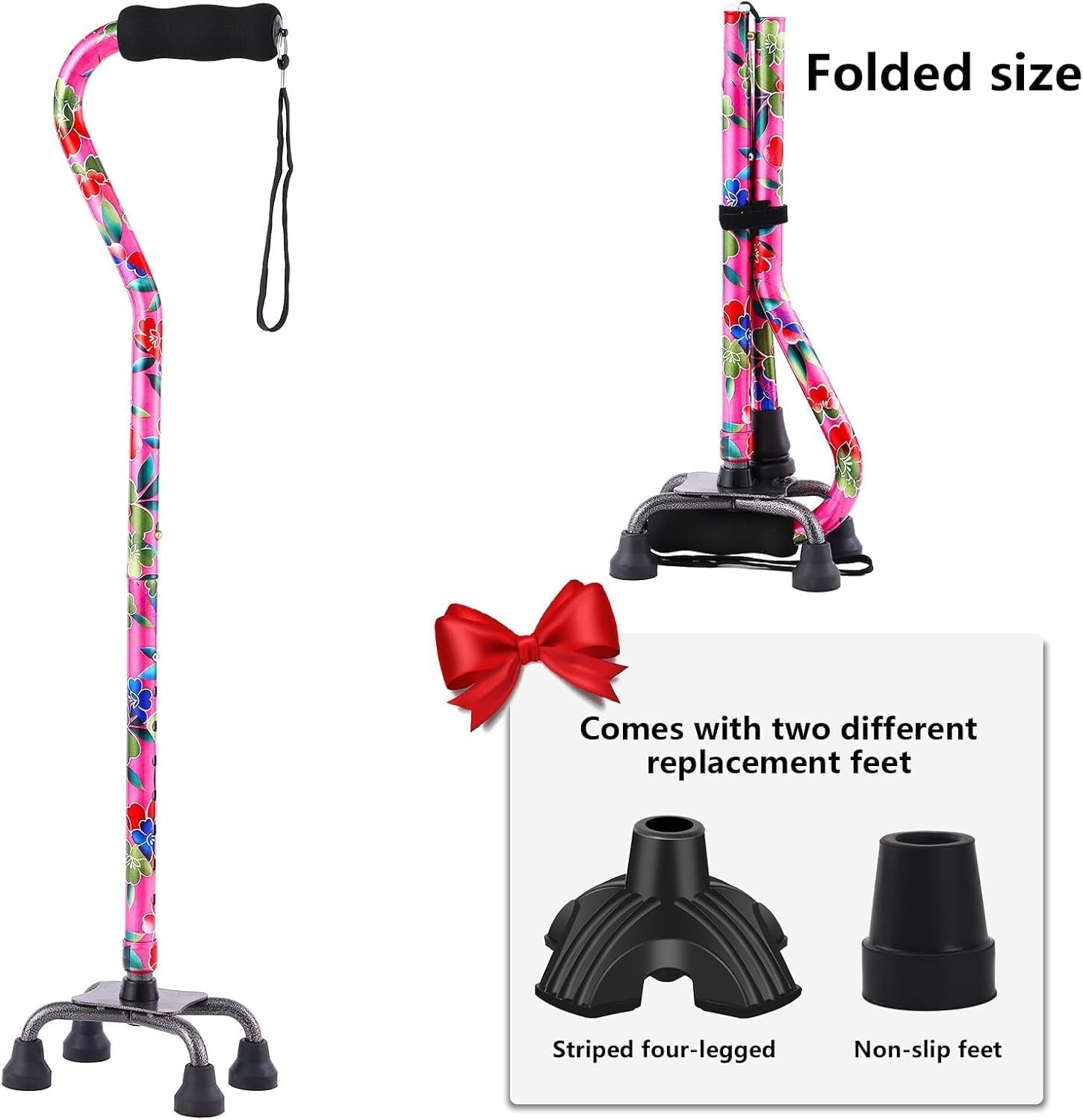 Floral Quad Cane for Women, Adjustable Walking Canes with 3-In-1 Interchangeable Base(3 Tips) for Versatile Support, Stylish & Stable Mobility Aid for Seniors Confidence