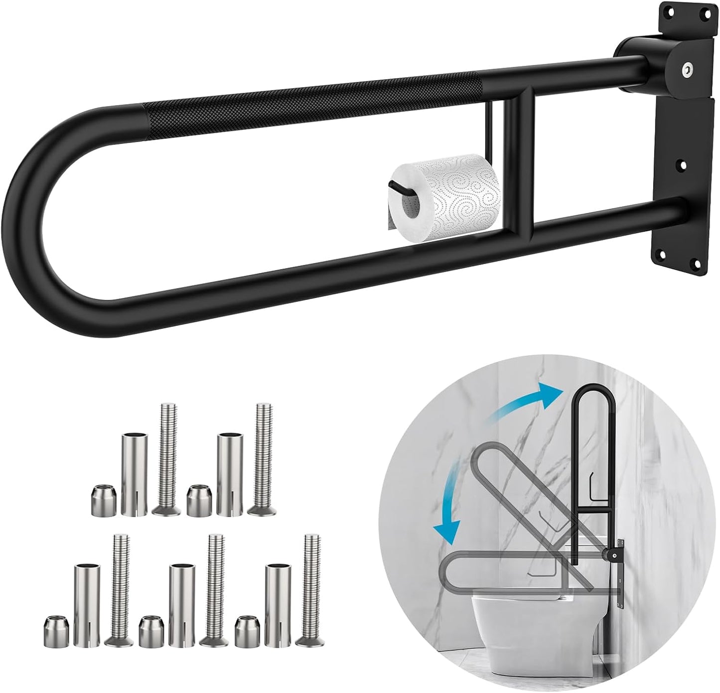 Toilet Grab Bar 32 Inch Black,  Anti-Slip Handicap Grab Bars with Paper Holder, Flip-Up Bathroom Safety Rails, Stainless Steel Knurled Support Handrails for Seniors Elderly Disabled Pregnant