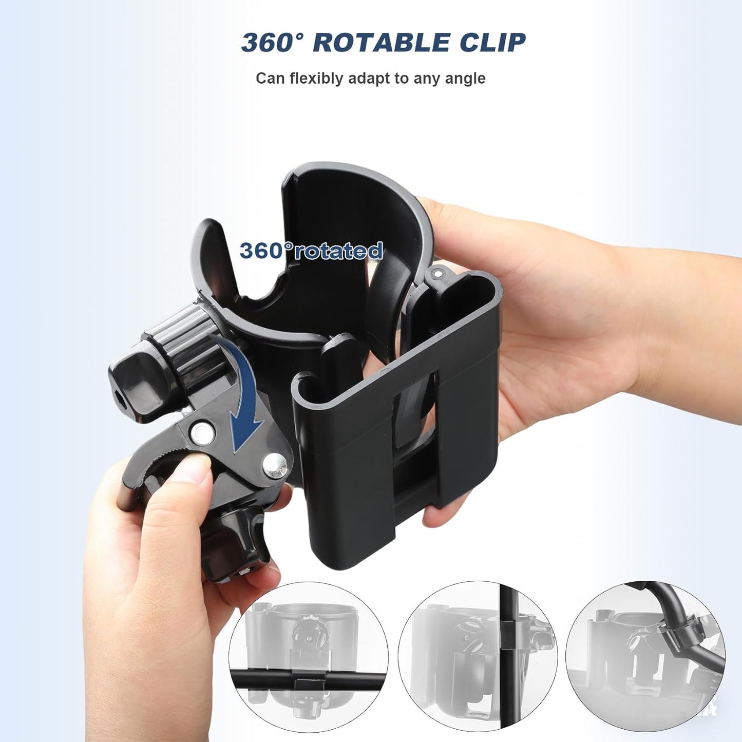 2-In-1 Walker Cup Holder with Reversible Phone Holder，Fit for Wheelchair, Rollator, Scooter, Bike, Mobility, Camper, Stroller with Sturdy,Rotatable,Adjustable and anti - Slip Clip
