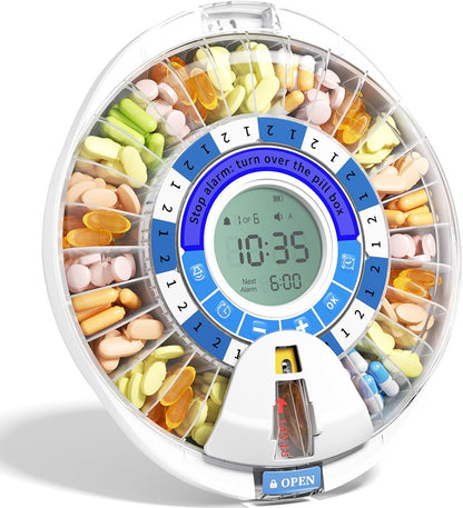 Automatic Pill Dispenser for Elderly - 28 Slots, Locking, Alarm & Light Reminder