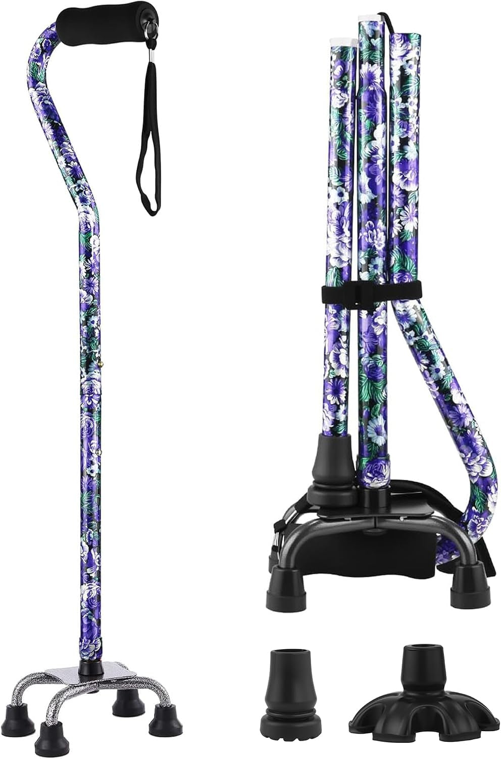Floral Quad Cane for Women, Adjustable Walking Canes with 3-In-1 Interchangeable Base(3 Tips) for Versatile Support, Stylish & Stable Mobility Aid for Seniors Confidence