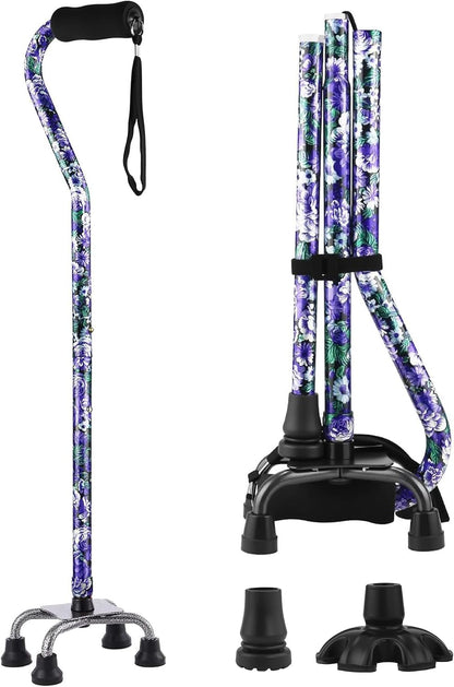 Floral Quad Cane for Women, Adjustable Walking Canes with 3-In-1 Interchangeable Base(3 Tips) for Versatile Support, Stylish & Stable Mobility Aid for Seniors Confidence