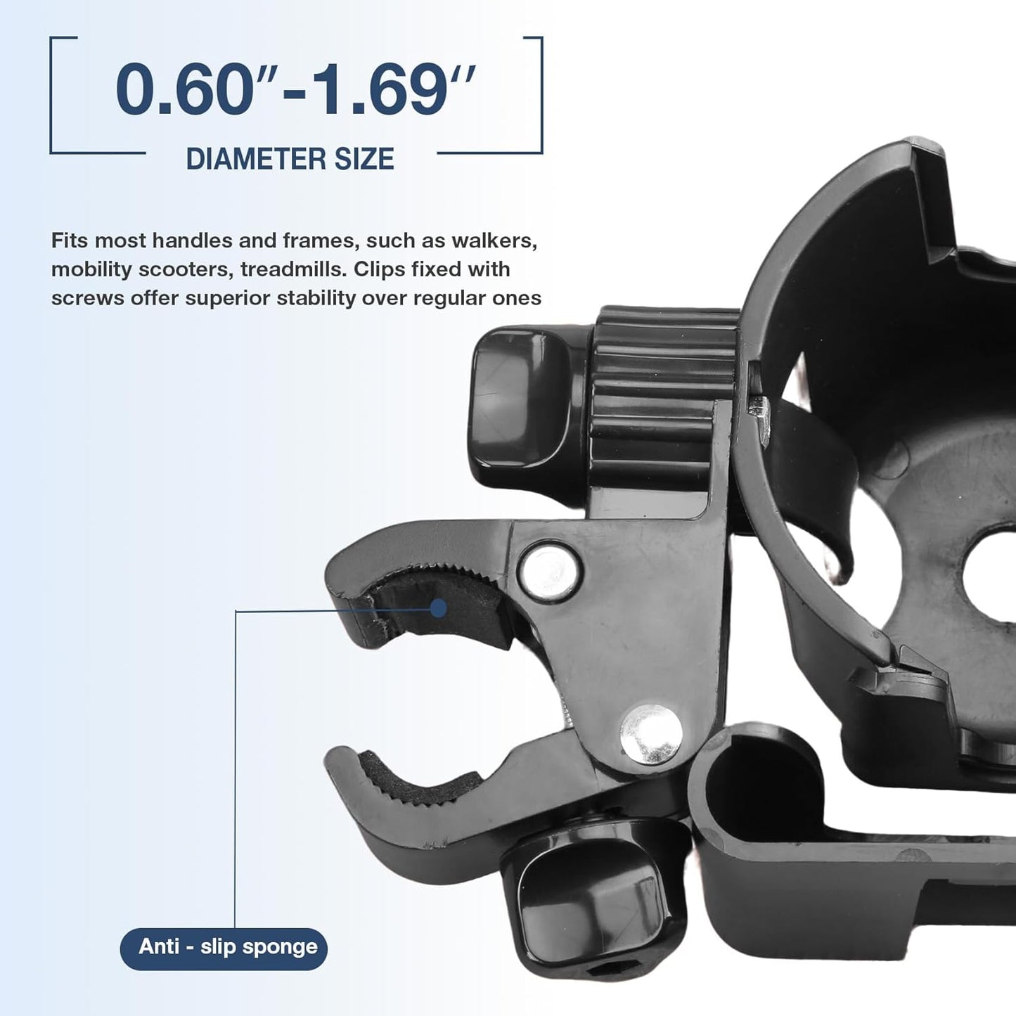 2-In-1 Walker Cup Holder with Reversible Phone Holder，Fit for Wheelchair, Rollator, Scooter, Bike, Mobility, Camper, Stroller with Sturdy,Rotatable,Adjustable and anti - Slip Clip
