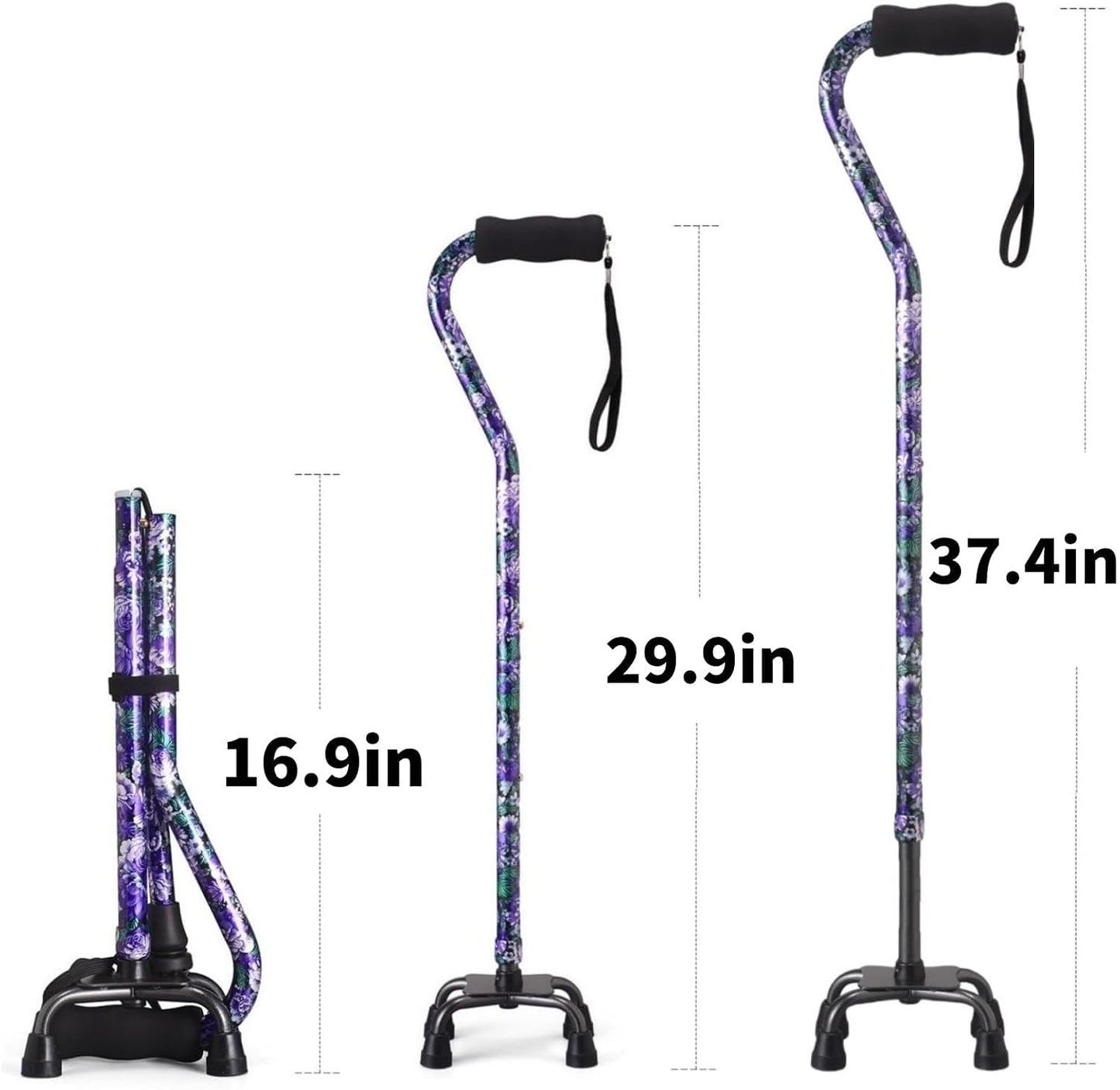 Floral Quad Cane for Women, Adjustable Walking Canes with 3-In-1 Interchangeable Base(3 Tips) for Versatile Support, Stylish & Stable Mobility Aid for Seniors Confidence
