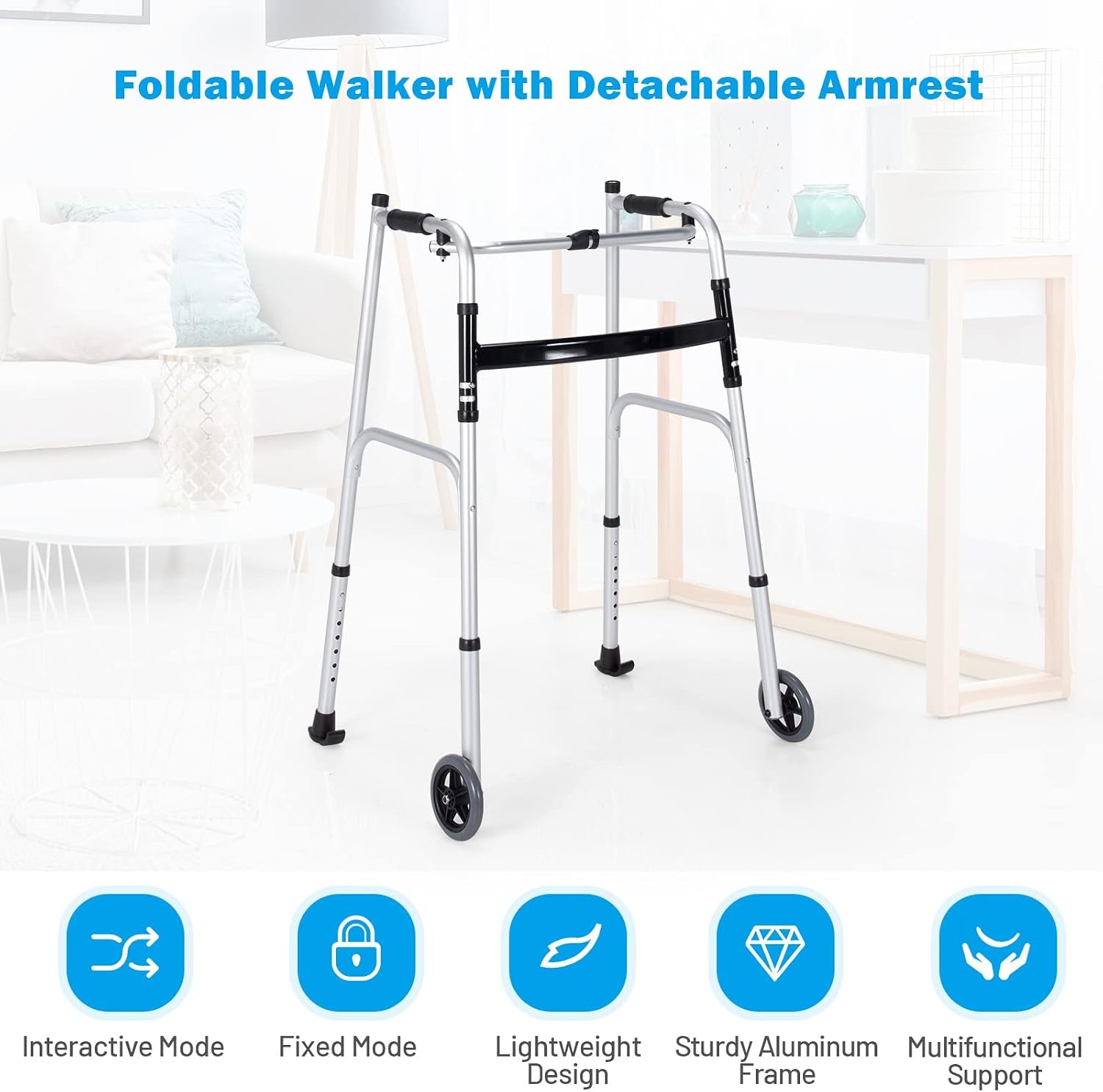 Walkers for Seniors, Foldable Standard Walker with 5’’ Wheels and Removable Padded Armrests 220Lbs, Lightweight Walking Mobility Aid, Folding Platform Walker for Elderly, Handicap, Disabled