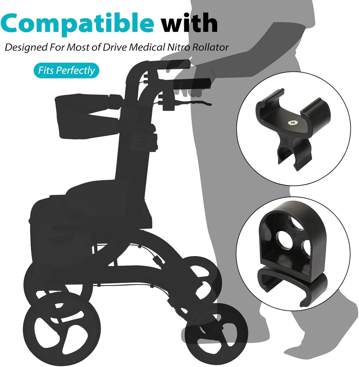 Cane Holder for Nitro Rollators with Flat Frame, Drive Walker Cane Holder, Adjustable Crutch Bracket for Wheelchairs, Rollators, Knee Scooters, Assistant Holder for Cane or Stick Users, Black