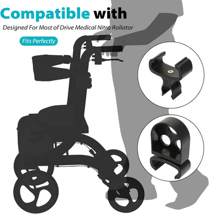 Cane Holder for Nitro Rollators with Flat Frame, Drive Walker Cane Holder, Adjustable Crutch Bracket for Wheelchairs, Rollators, Knee Scooters, Assistant Holder for Cane or Stick Users, Black