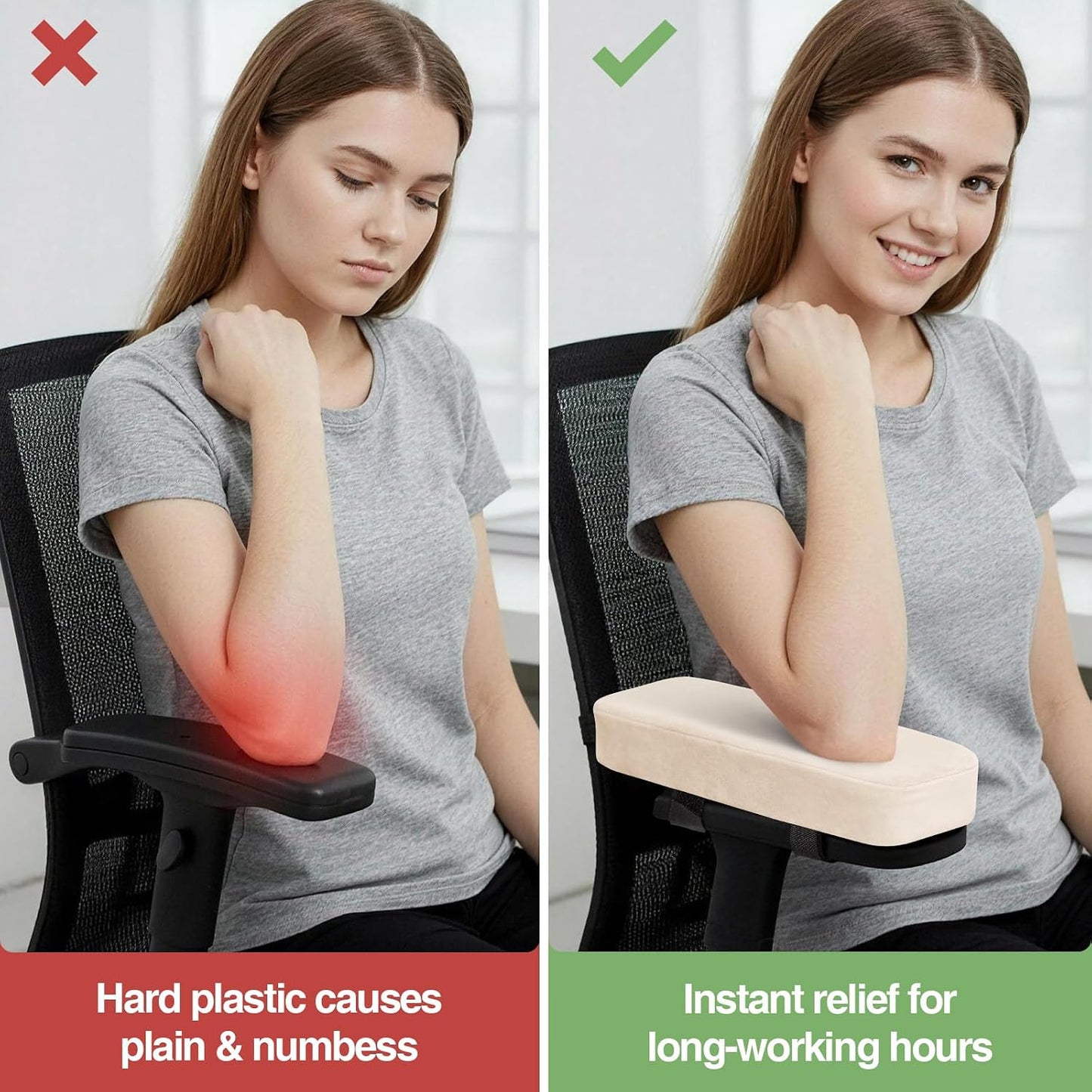Ergonomic Office Chair Armrest Pads, Memory Foam Arm Rest Covers, Non-Slip Armrest Cushion with Adjustable Buckles and Straps, Elbow Relief for Desk, Gaming & Wheelchair (Cream, Set of 2)