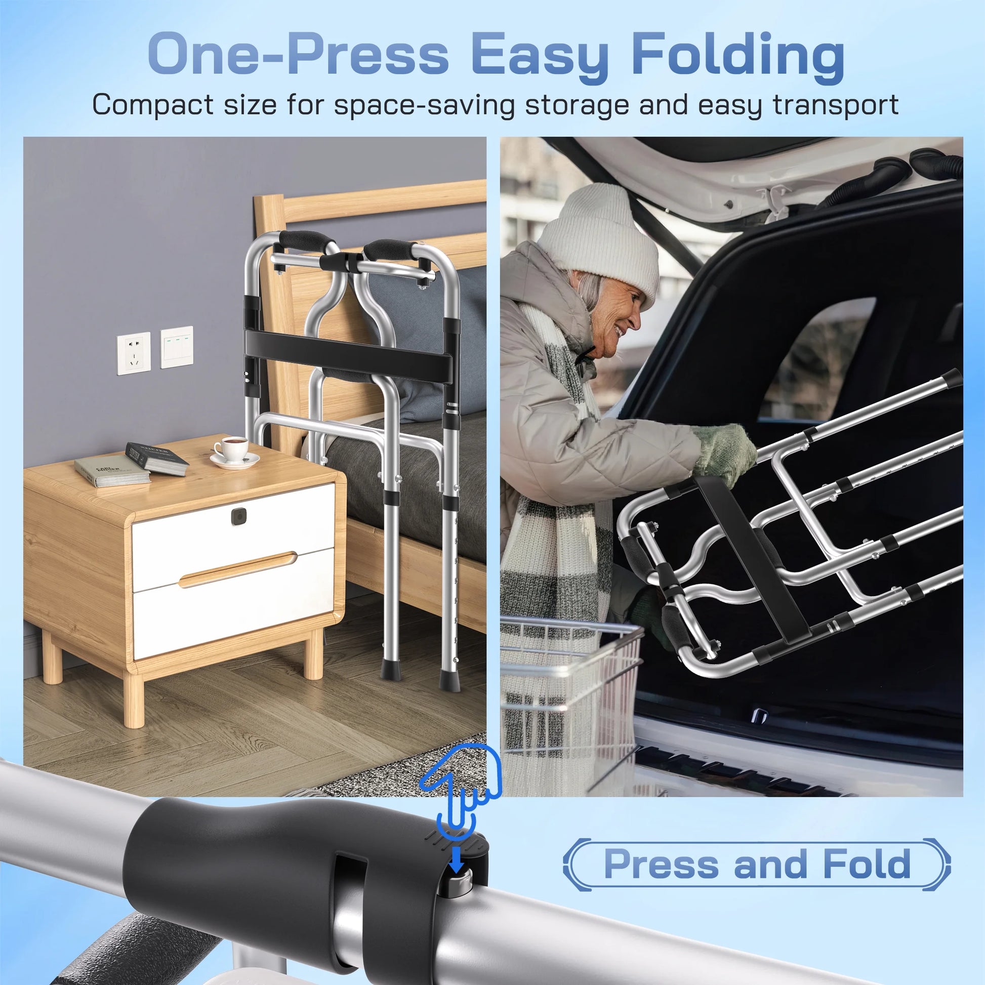 3-In-1 Folding Rolling Walker with 5" Wheels | Adjustable Height (29.1"-36.2") for Seniors & Adults | Lightweight Foldable Walker | Supports up to 400 Lbs
