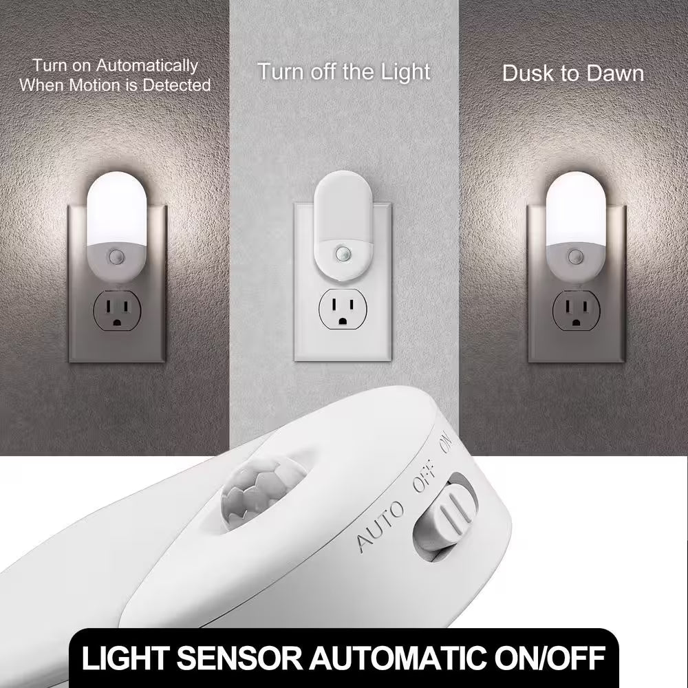 Motion Sensor Night Light Plug-In, 4-Pack, 5000K Daylight White, Adjustable Brightness for Bathroom, Bedroom, Hallway