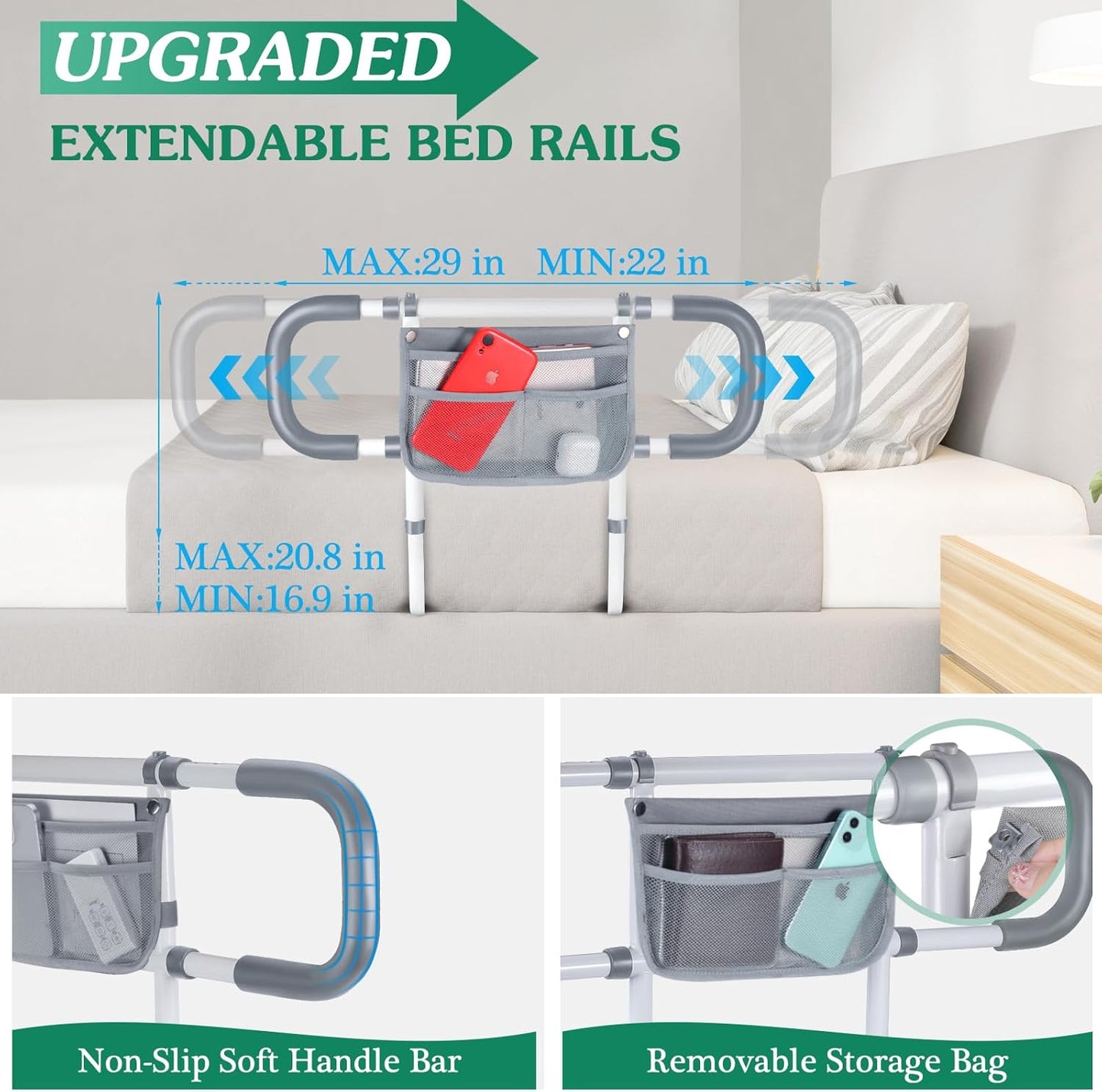 Bed Rails for Elderly Adults Safety - Extended Bed Assist Rail for Seniors - Adjustable Beds Side Rails Handle Support Bar Bed Guard with Storage Bag & Fixing Strap, Fit King Queen Full Twin Beds