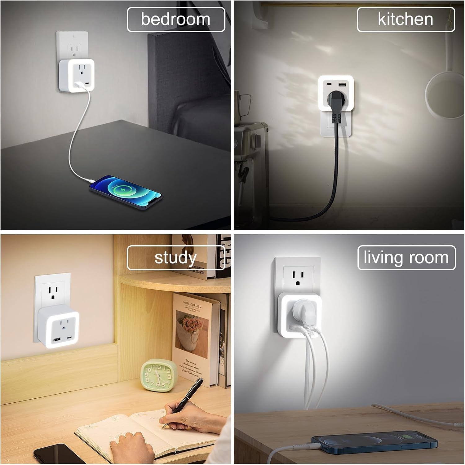 Night Lights Plug into Wall 4 Pack Rechargeable Battery Backup Light Dusk to Dawn Sensor Night Light with Outlet Expander for Adults Kids Bedroom, Kitchen, and Bathroom (4, Cool White, 5000K)
