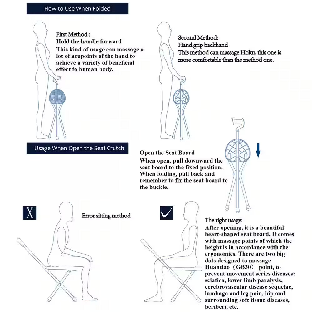 Lightweight Adjustable Folding Cane Seat Aluminum Alloy Crutch Chair with Light
