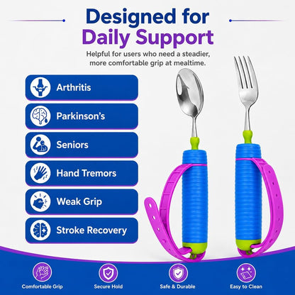 Adaptive Utensils Set for Hand Tremors, Arthritis & Parkinson'S | 360° Rotating Fork & Spoon, Adjustable Silicone Strap, Non-Slip Easy Grip, Hollow Handle for Custom Weight Support